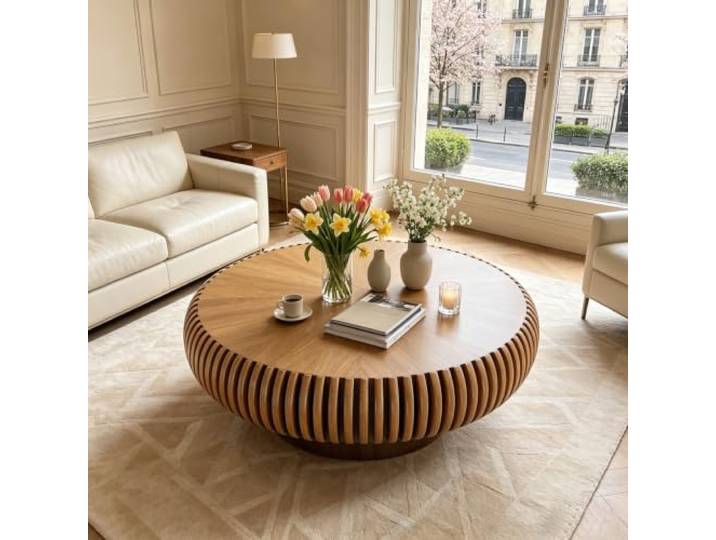 YPDOPORA Runder Geriffelter Couchtisch,Couchtisch aus Holz in Trommelform Runder Couchtisch aus Holz im Mid-Century-Modern-Stil mit stabilem Sockel für kleine Wohnzimmer