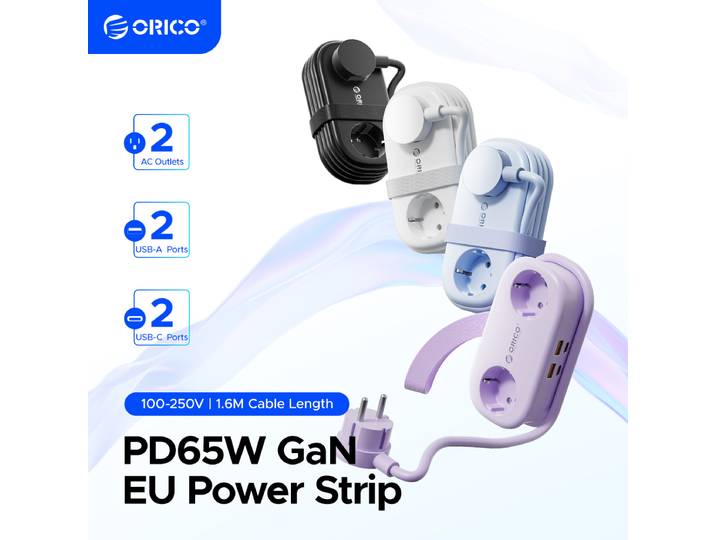 Multiprise de voyage portable ORICO avec gestion des câbles, station de charge rapide GaN 65W, 2 prises CA, 2 USB, 2 ports Type-C, adaptateur secteur UE pour la maison