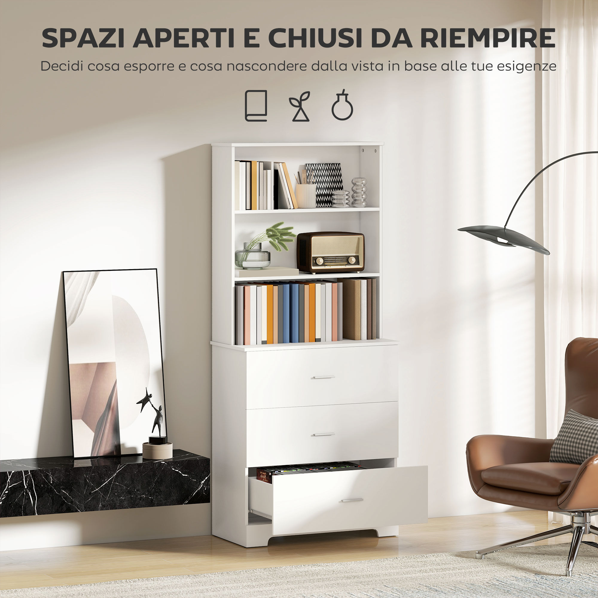 Altro Libreria A Muro Con 3 Ripiani Aperti E 3 Cassetti, In Legno, 79x39.5x182.2 Cm, Bianco
