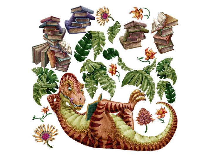 Wallfluent Wandaufkleber 100x149cm - Dino der Leser, Mehrfarbig, Kunststoff, Rechteckig, 100x149x0.1 cm, Tapeten & Wandverkleidungen, Wandtattoos & Sticker, Wandtattoos