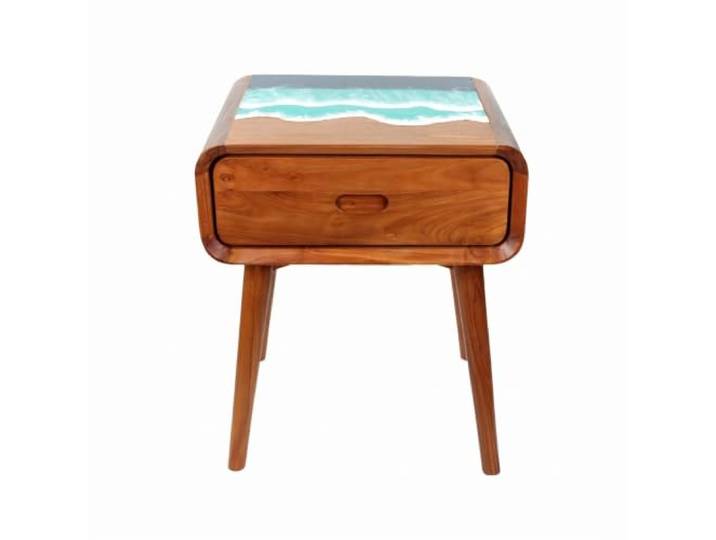 Nachttisch Teakholz mit Schublade, blaues Epoxidharz Meer-Dekor, Massivholz Nachtschrank, Beistelltisch, Retro, abgerundete Kanten, Schlafzimmer, Wohnzimmer, Handarbeit Java, Unikat