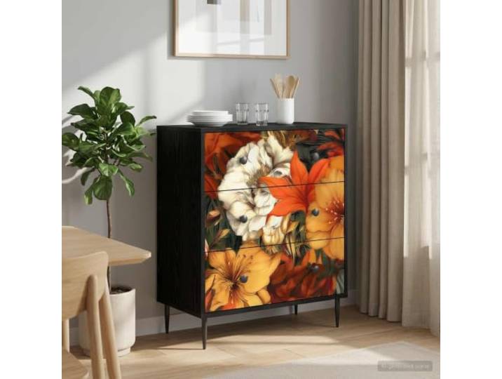 GPWERSDF Kommode GENNEP Lilienmuster 66 x 36,5 x 76 cm Holzwerkstoff mit 3 3 Schubladen, erhöhte Füße, matte Stahlgriffe, dekoratives Lilienmuster, Holzwerkstoff