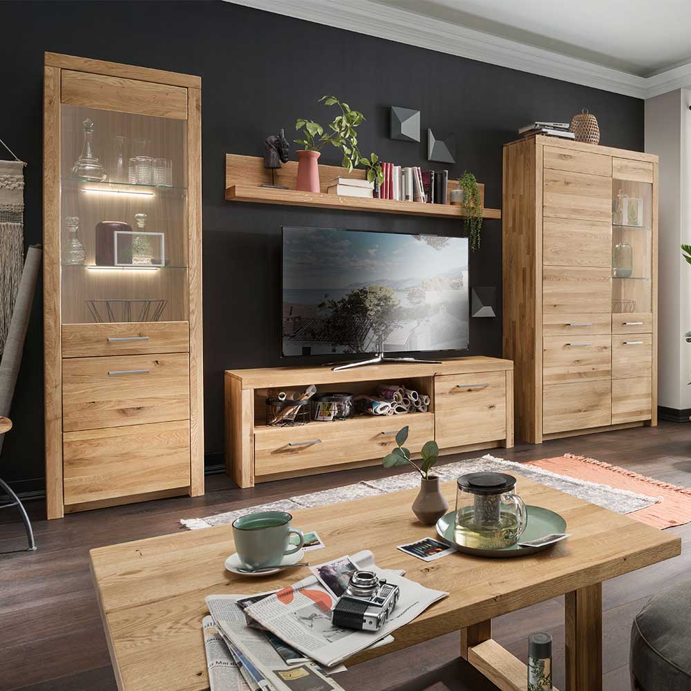 Pharao24.de Wohnzimmerwand modern aus Wildeiche Massivholz geölt (vierteilig)