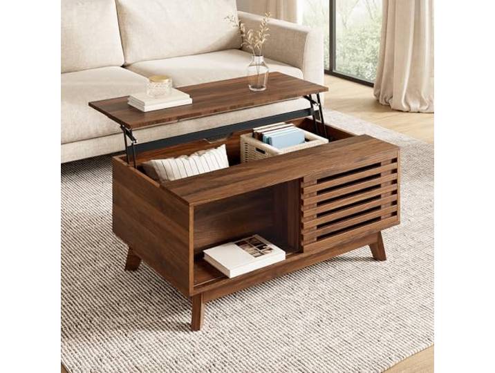 Merax Couchtisch Modern Retro mit Höhenverstellung, Wohnzimmertisch Walnuss-Optik, Multifunktionaler Tisch mit Verschiebbarer Jalousietür, Stauraum, MDF-Korpus,90 L x 55 B x 57,5 H(cm)