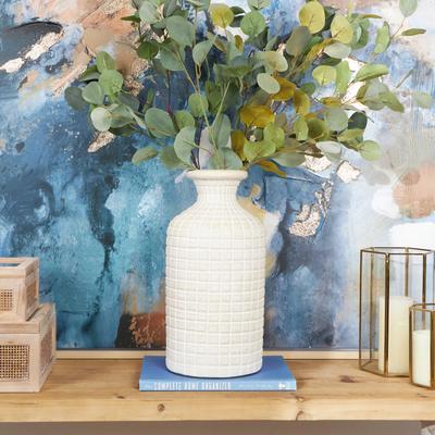 Studio 350 "Cream Ceramic Textured Geometric Decorative Vase with Checkered Pattern - 8""W, 16""H"