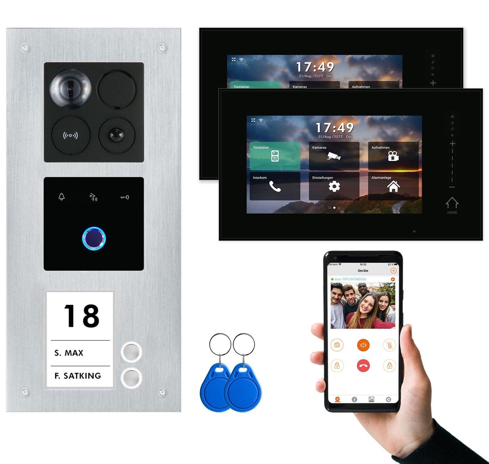 BALTER ERA IP Unterputz Silber 2x7" Schwarz mit Fingerprint Video Türsprechanlage Set 2 Teilnehmer