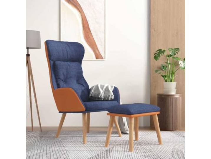 Relaxsessel mit Hocker Blau Kunstleder & Stoff Metallgestell, Kautschukholz-Beine, schmutzabweisend, atmungsaktiver Stoff, Montageanleitung