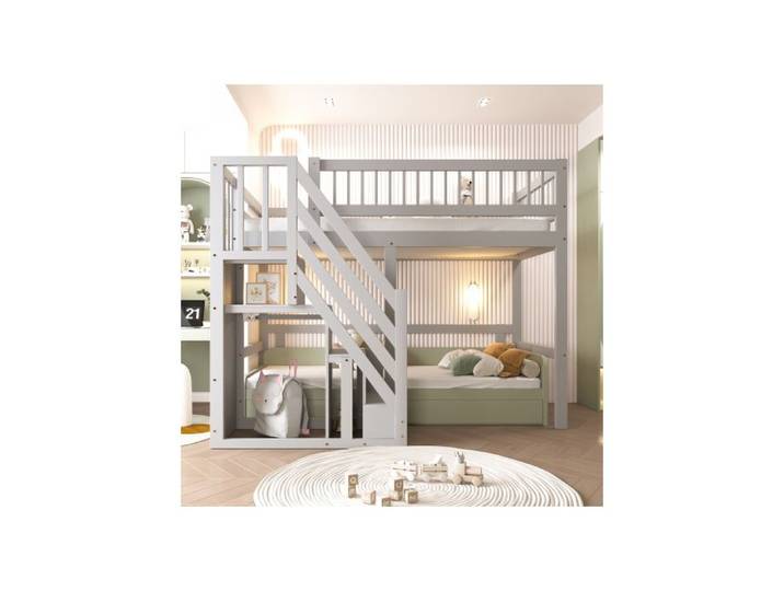 ®RisingFF Lit enfant 90 x 200 cm avec escalier et rangement structure en bois massif version surélevée gris