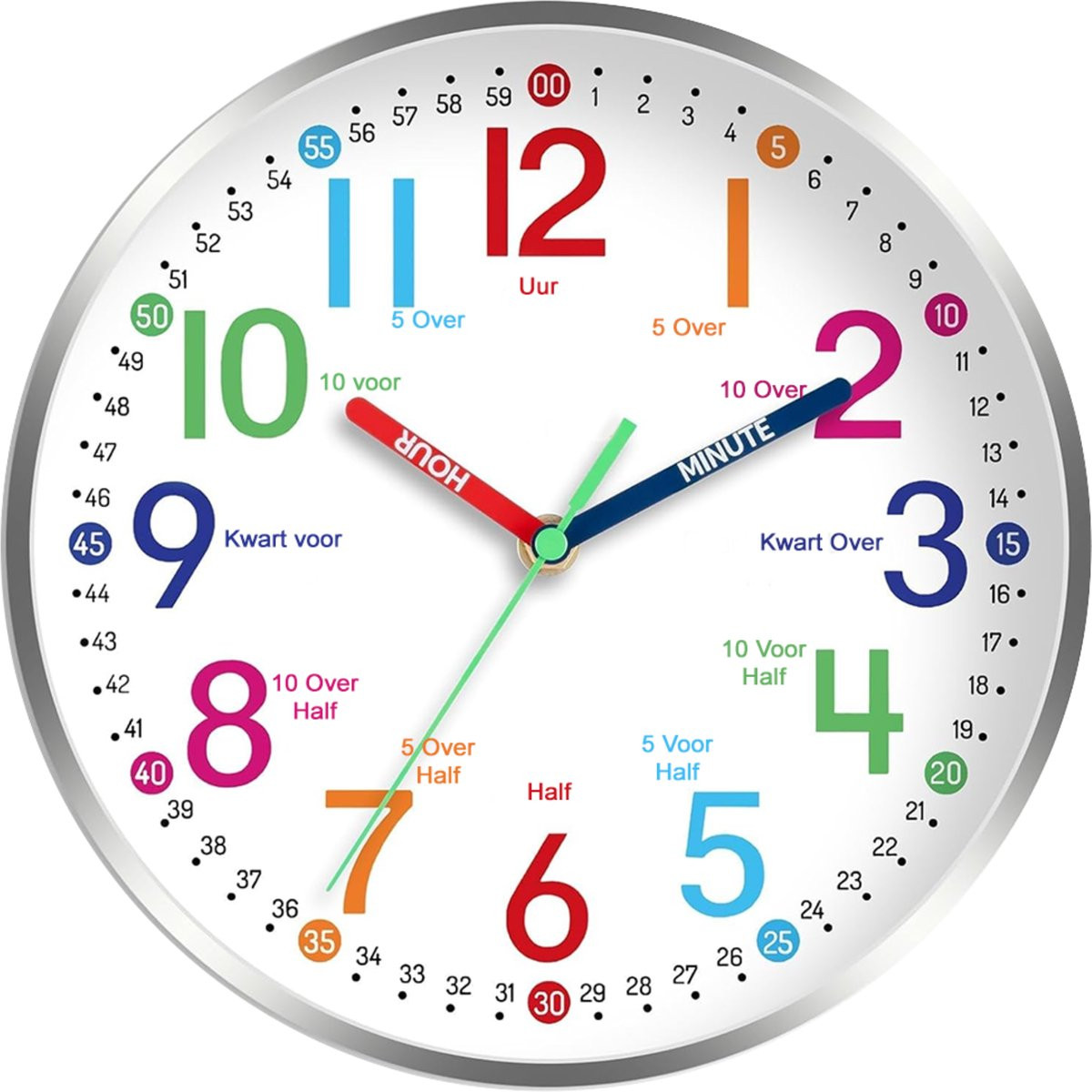 TYME Kinderklok - Analoge Wandklok voor Kinderen - Zilver Wit - 30 cm