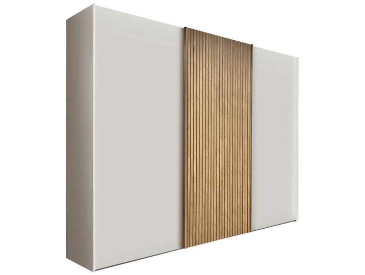 Novel Schwebetürenschrank Texas, Weiß, Eiche Bianco, 6 Fächer, 300x236x67 cm, ISO 9001, Made in Germany, Schlafzimmer, Kleiderschränke, Schwebetürenschränke
