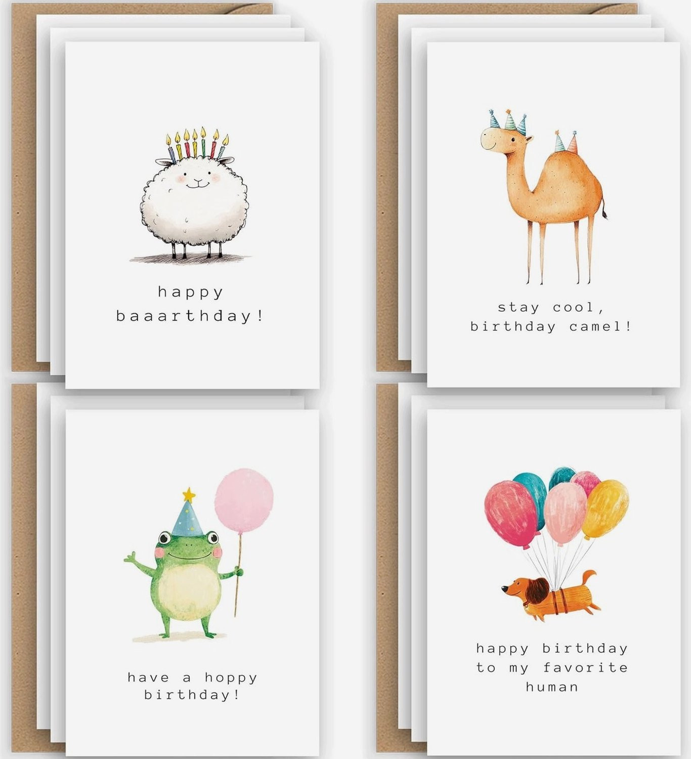 Set van 12 grappige verjaardagskaarten met dieren en enveloppen, A6