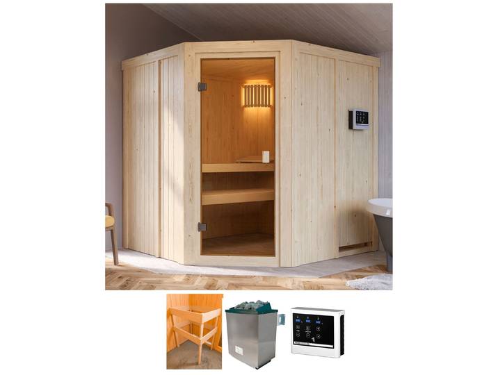 Sauna KARIBU Bodo , beige (natur), Saunaofen, externe Steuerung, 9 kW, Saunen, Sauna, Ofen 9 KW externe Strg easy