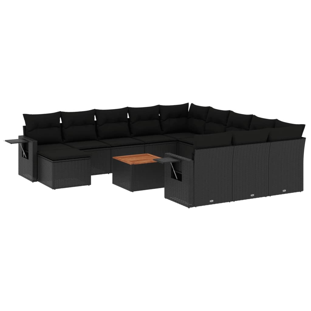 13-tlg. Garten-Sofagarnitur, modular, aus schwarzem Poly Rattan & pulverbeschichtetem Stahl, mit Kissen, Akazienholz-Tisch & klappbaren Ablagen