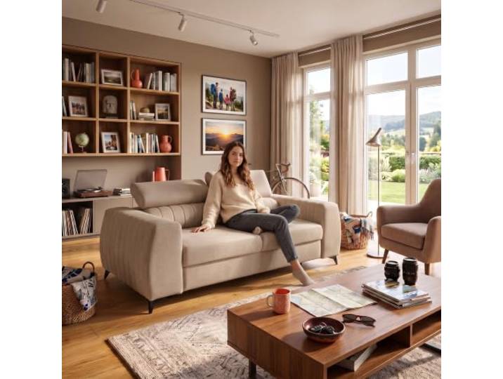 Muffo Piero S2 2-Sitzer Sofa verstellbare Kopfstützen Creme 206 cm Couch, freistehend, 2-Sitzer, Metallfüße, Velours, Element, Water Blocked, Wellenfedern, Polstermöbel