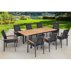 OUTFLEXX Garten-Essgruppe, OUTFLEXX® anthrazit matt, Alu / Teak / Textil, Tisch 150/210x90cm, 8 Stapelsessel