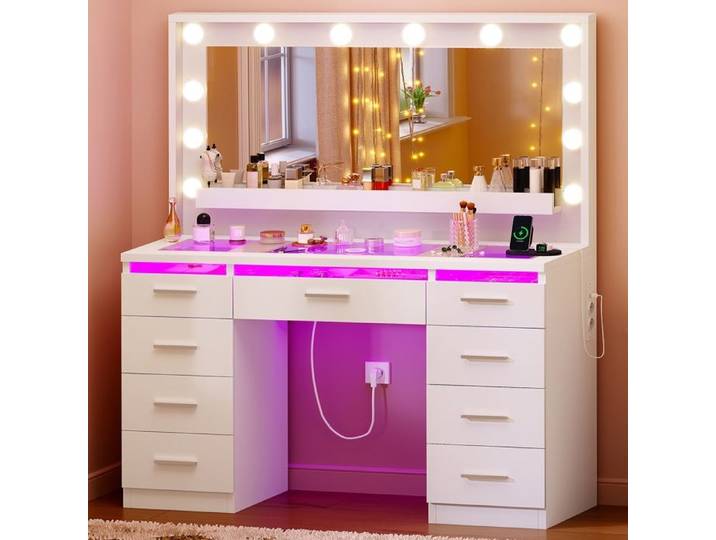 TEENFON Coiffeuse Grande avec Miroir LED Réglable Prise et Port USB 9 Tiroirs 107x40x140cm，Blanc