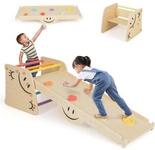 Costway Wooden Climbing Toy Triangle Climber Set with Seesaw-Multicolor