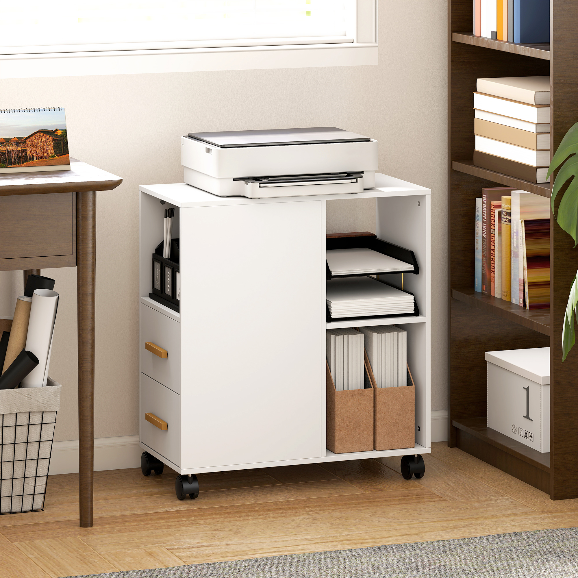 Homcom Supporto per stampante Tavolo per stampante con ripiano regolabile, ruote per fax scanner 60 x 30 x 65 cm Bianco   Aosom Italy