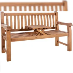 Décoshop26 - Gartenbank mit Armlehnen und vertikaler Lattenrückenlehne 150 cm aus Teakholz mit mittigem Klapptisch – 2 Sitze 10_0007931 10_0007931