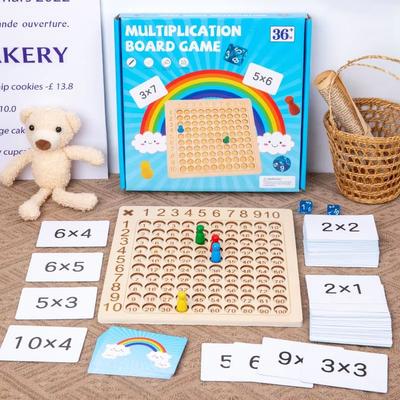 Inspire Curations Wooden Multiplication Board Game With Cards & Dice Montessori Math Toy For Kids colred