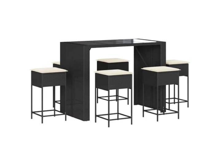 PUGYNBK Gartenbar Set 7-teilig mit Kissen Polyrattan Schwarz Tisch aus gehärtetem Glas, waschbare Bezüge, Stahlrahmen, max. 110 kg pro Stuhl