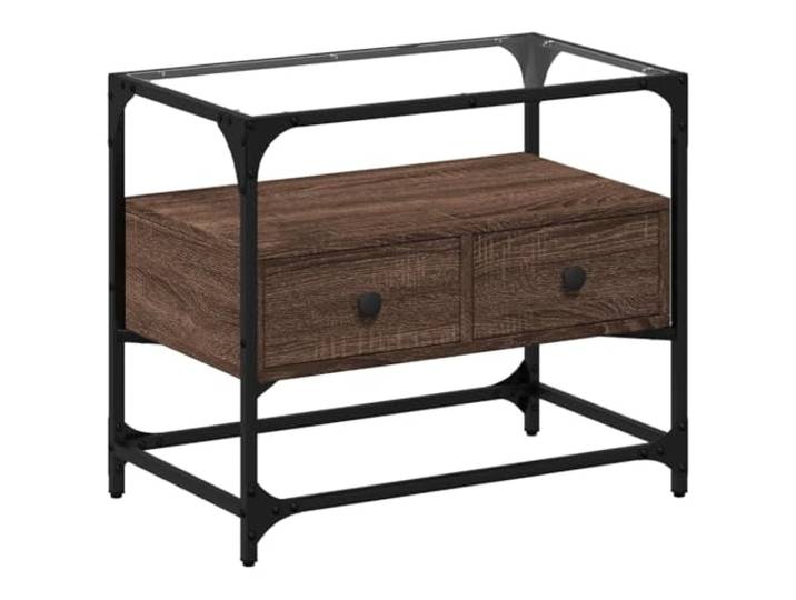LMTYOENFG TV-Schrank mit Glasplatte Braun Eiche-Optik 60x35x51 cm Kompakter Fernsehtisch im Industrie-Design mit Glasabdeckung und 2 Schubladen für Wohnzimmer oder Schlafzimmer.