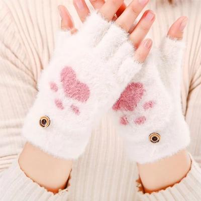 Perfect Picks Market Warm Cat Claw Paw Plush Mittens For Women Soft Fingerless Winter Gloves, Cozy And Cute white