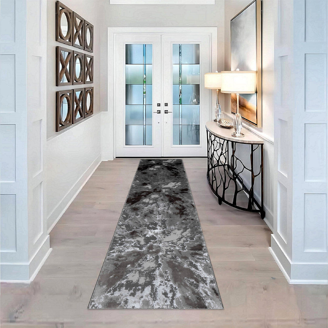 Metro Abstract and Marble Flokati Area Rug Grey Runner 60 x 300 cm