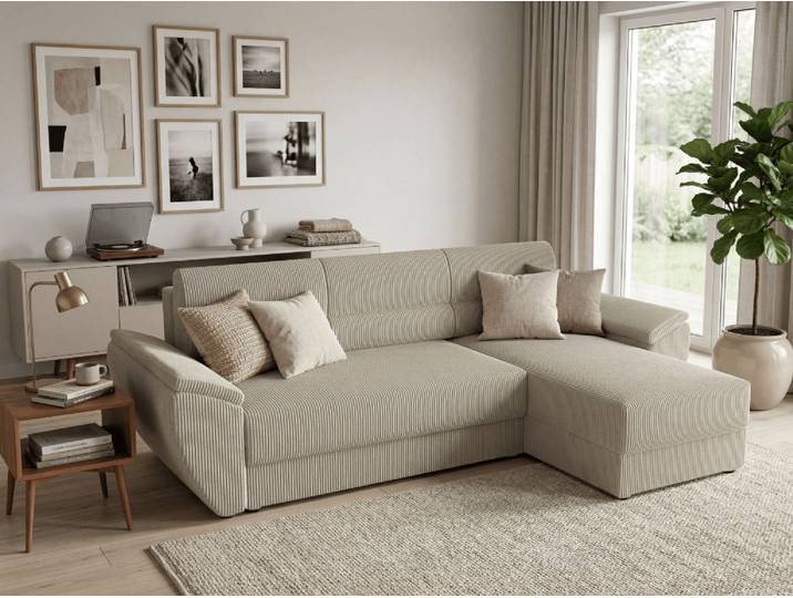 AKTION Ausklappbare, beidseitige Ecksofa L-Form TAVERO 251x140 cm, hellbeige II. Wahl