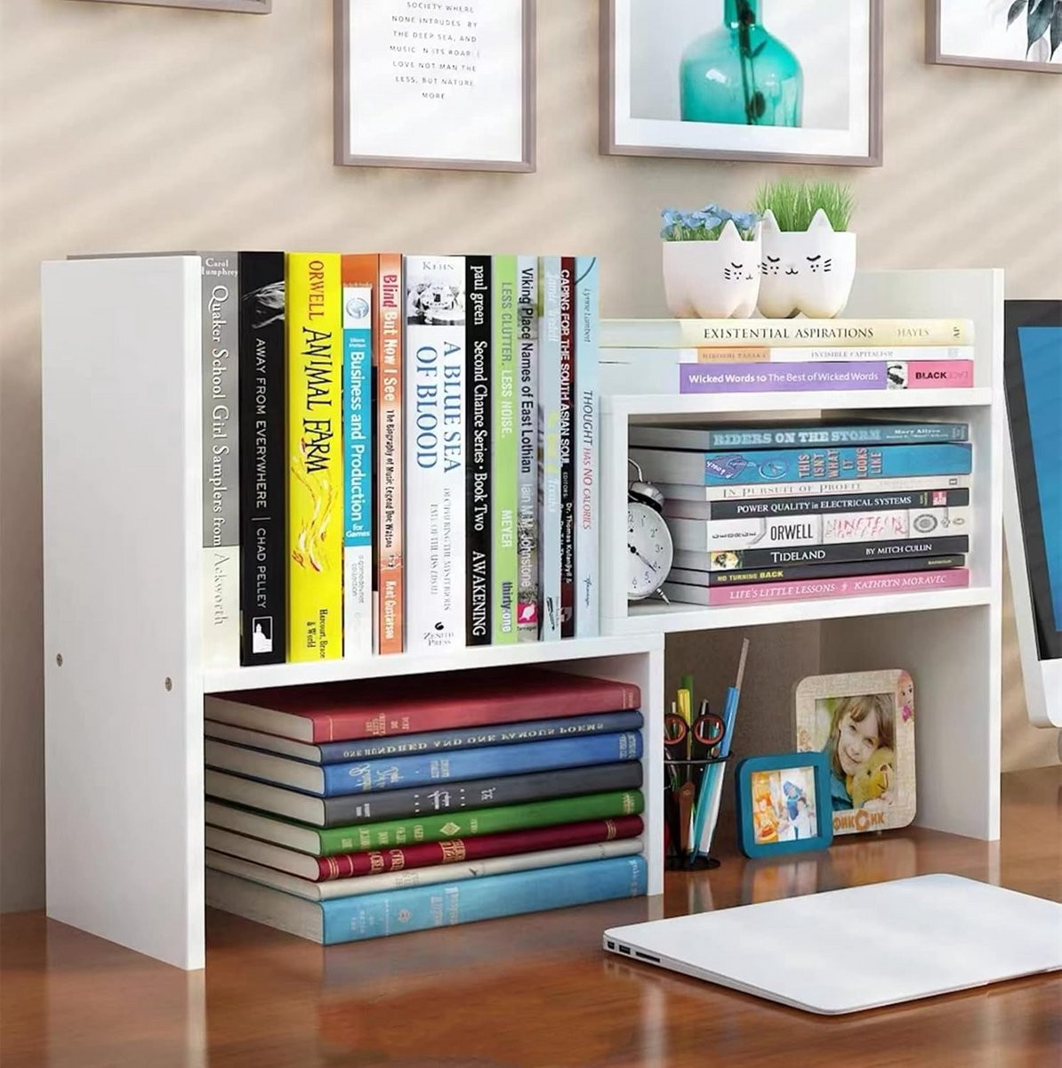Verstelbare houten boekenplank voor op je bureau - Uitschuifbare bureau organizer en displayplank