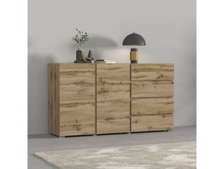 Sideboard GOODPRODUCT Metric,Breite 138 cm, grifflose Kommode 2 Türen/4 Schubkästen , braun (wotan eiche), B:138cm H:78,3cm T:40cm, Sideboards, Sideboard, Schubladenschrank mit viel Stauraum, Einlegeböden verstellbar