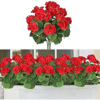 künstliche rote Geranien-Seidenblumen, Pflanzenbusch für draußen, 2 Bündel, Kunstblumen, Geranien für draußen, florale Heimdekoration, Innengarten, Terrassenvase, Grab, Friedhof, Tischdekoration