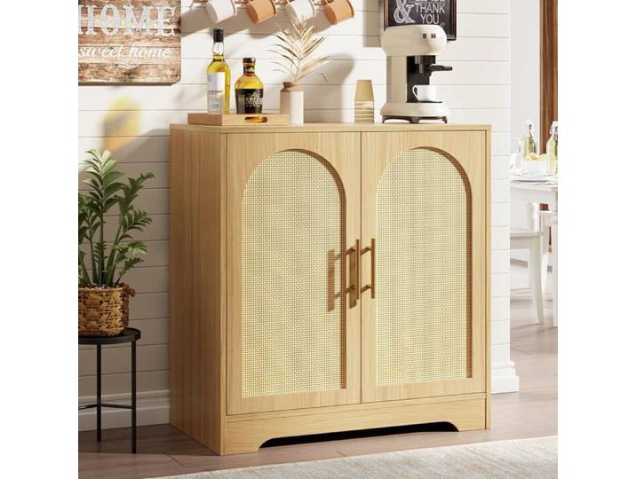 Buffet moderne en rotin - LUNSY - 39 6x76 2x80 cm - Biege - Portes en rotin - Étagères fixes - Supporte jusqu'à 54 4 kg