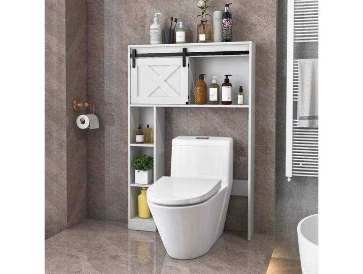 GIANTEX Meuble Dessus Toilettes WC avec Porte Coulissante+4 Étagères Meuble/Colonne Salle de Bain Scandinave 84x17x128 CM Blanc