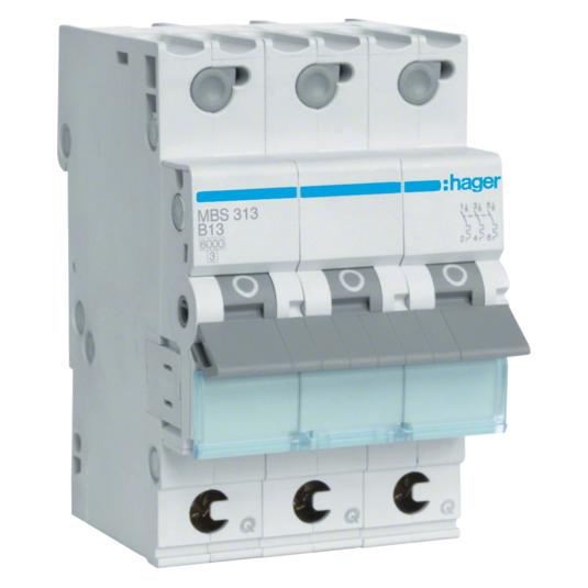 Hager MBS313. Nennstrom: 13 A, AC Eingangsfrequenz: 50/60 Hz, Nominale Stromabgabe: 13 A. Typ: B-type, Mod (MBS313)