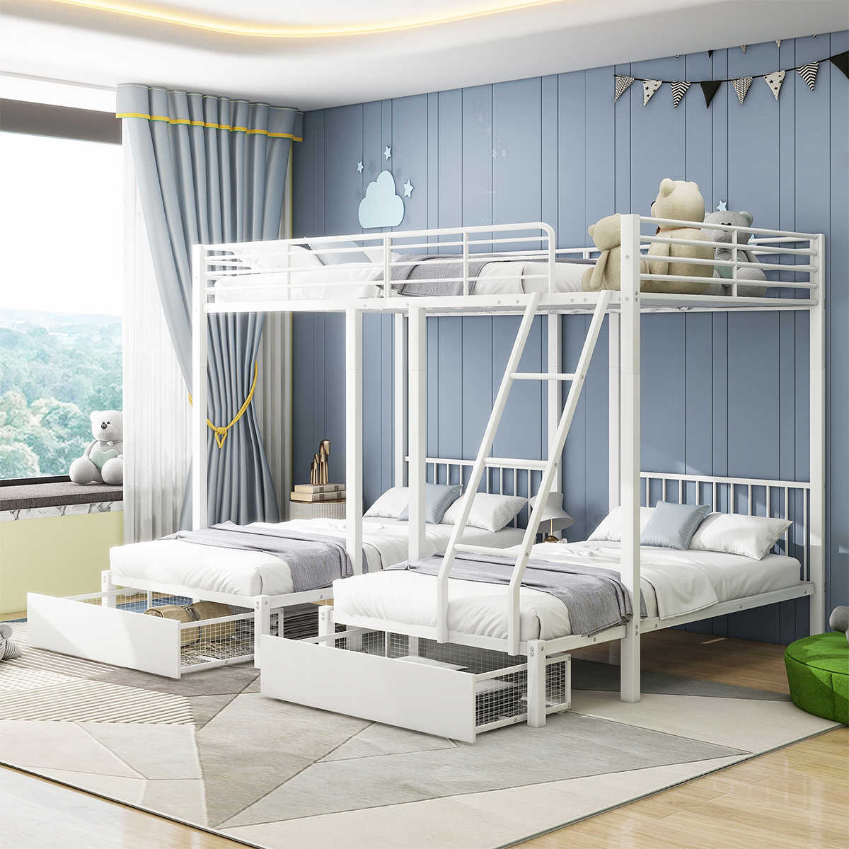 Dreifaches Etagenbett mit Schubladen Hausbett umwandelbar in 140 x 200 Doppelbett und zwei 90 x 200 Einzelbetten Doppelbett Weiß