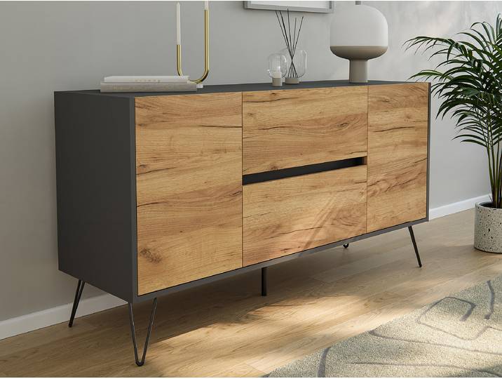 Enfilade Industrial avec porte & tiroirs 139 x 76cm Marron/Gris/Imitation chêne/Gris graphite