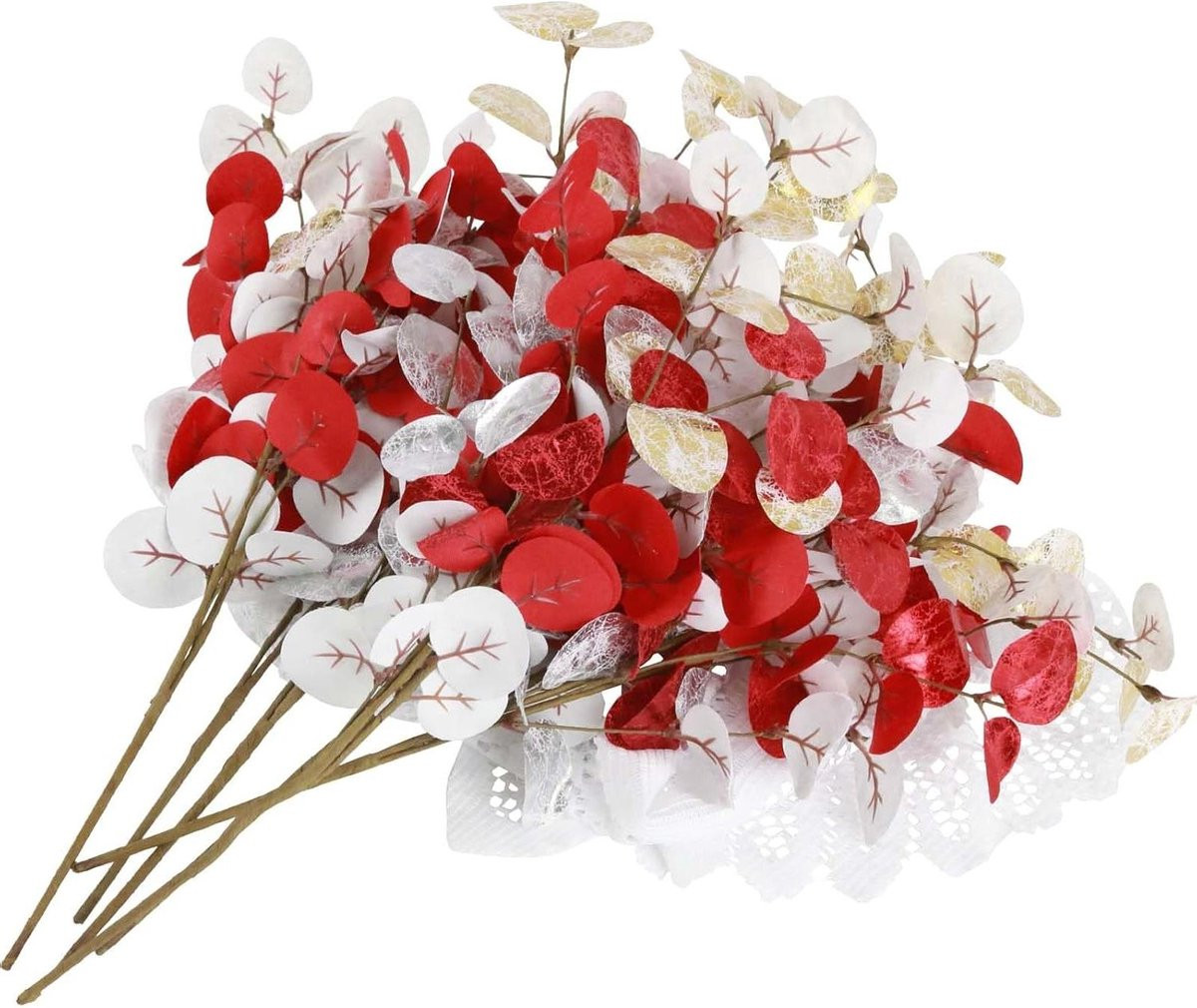 Kunstmatige Eucalyptus Takken - Realistische Nep Eucalyptus Stelen voor Woondecoratie - Rood Goud Wit - 35,5 cm lang