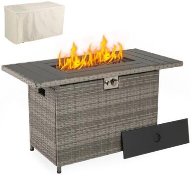 Costway 44.5 Inch Propane Fire Pit Table Rattan Gas 2-in-1 with Stainless Steel Burner-Gray