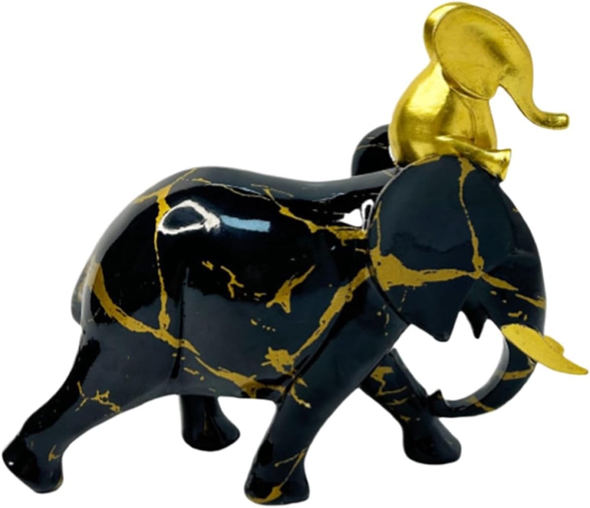 Olifant Beeld Decoratie Zwart Goud Hoogte: 22 cm