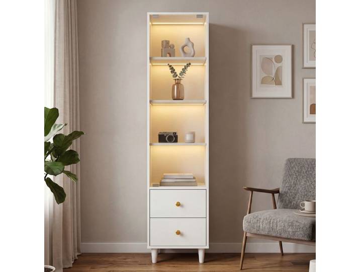 Vitrine bibliothèque avec LED 40x35x165 cm vitrine pour collection portes vitrées 2 tiroirs poignées dorées MDF et verre blanc