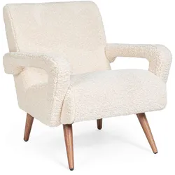 Sessel Berna aus Teddy-Stoff, modern gepolstert, Weiß, Gestell aus Kautschukholz