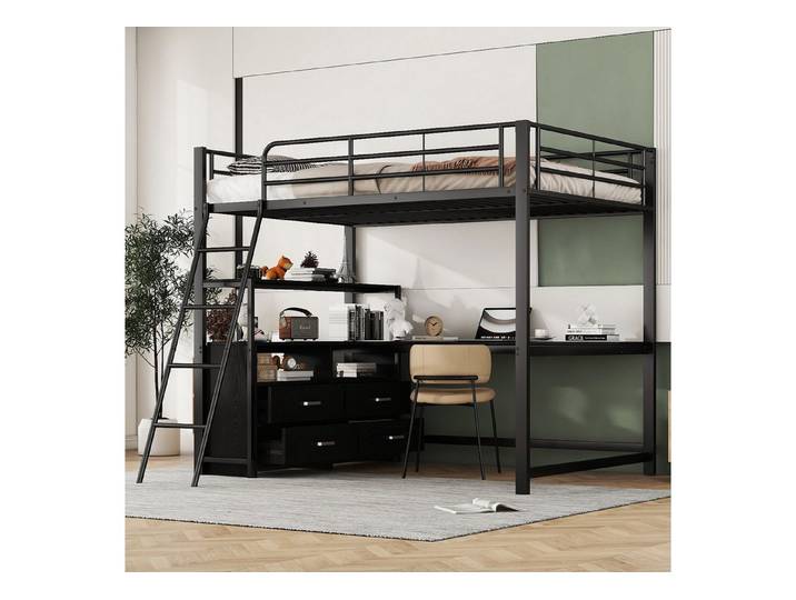MODFU Kinderbett Metallbett mit L-förmigem Schreibtisch (Hochbett, Jugendbett, mit 4 Schubladen und MDF-Arbeitsfläche, 140x200 cm), ohne Matratze