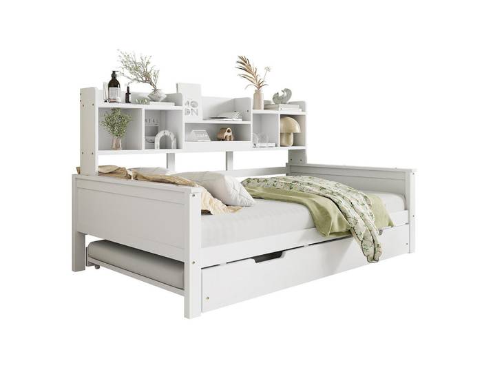 Redom Multifunktionsbett 90/200 cm mit Ausziehbett, Stauraum und Lattenrost aus Kiefernholz, Weiß, Holz, 90x200 cm, Schlafzimmer, Betten