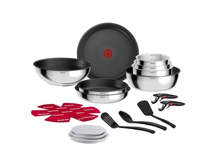 Tefal Ingenio Comfort Max 20-tlg. Kochgeschirr-Set, stapelbar, platzsparend Titanium Antihaftversiegelung, Thermo-Signal, für alle Herdarten, sicherer Griff, mühelose Reinigung, Edelstahl, L966SK44