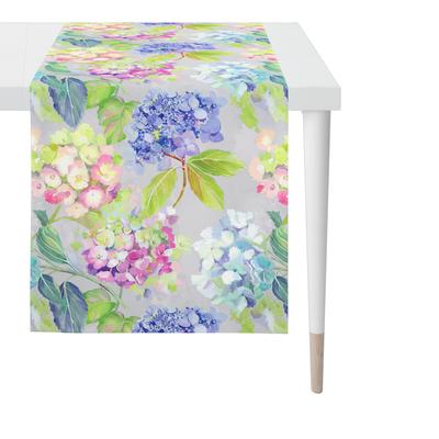 Tischläufer APELT "3108", bunt (grau, mauve, grün), B:48cm H:0,5mm L:140cm, Obermaterial: 100% Baumwolle, Tischdecken, trendige Blumen im Aquarellstil designt