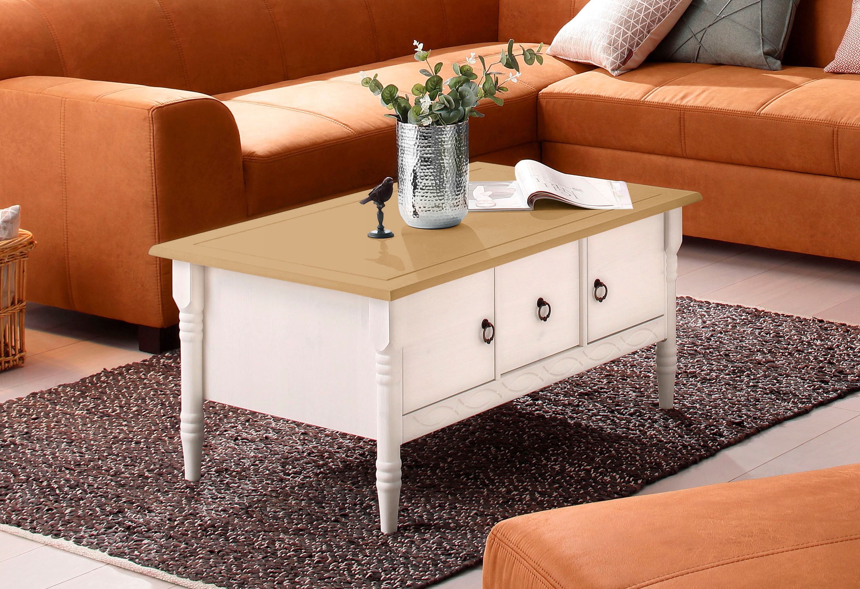 Couchtisch GOODPRODUCT "Indra", gelb (weiß, honig), B:100cm H:45cm T:60cm, Tische, Couchtisch, aus massiver Kiefer, FSC, mit Stauraum, dezentes Ornament weiß, honig B/H/T: 100cm x 45cm x 60cm