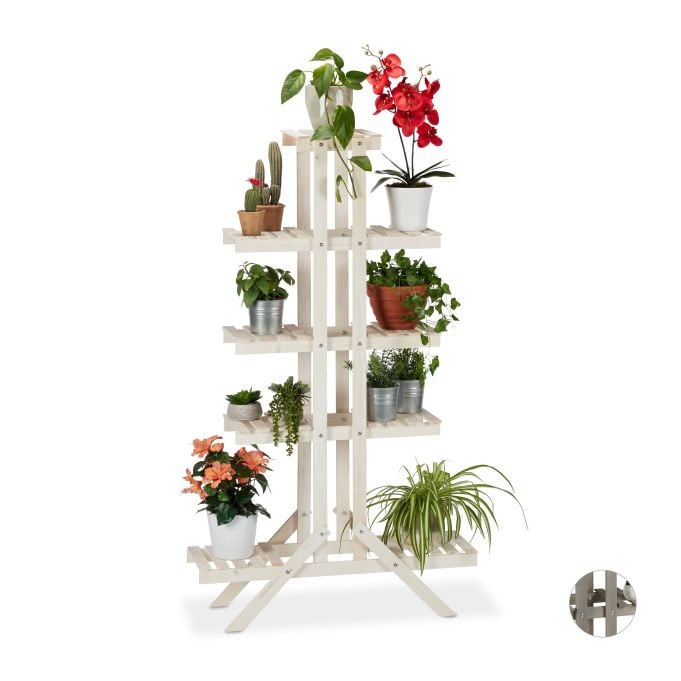 Relaxdays Plantentrap van hout met 5 etages, wit, rustieke afwerking, H 142 x B 83 x D 25 cm