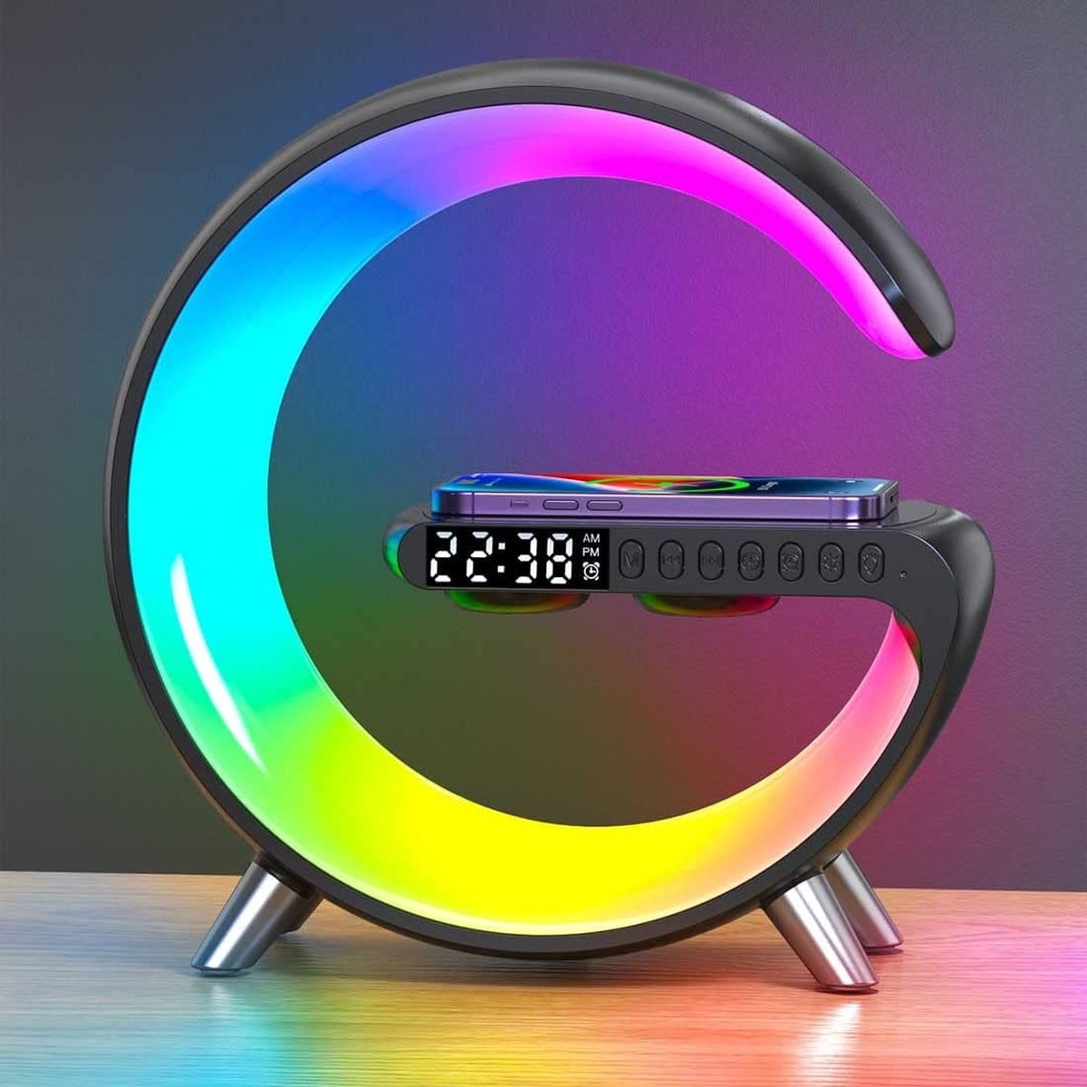 Moderne LED Lichtwekker met Nachtlampje, Bluetooth Speaker en Draadloze Oplader voor Slaaphulp