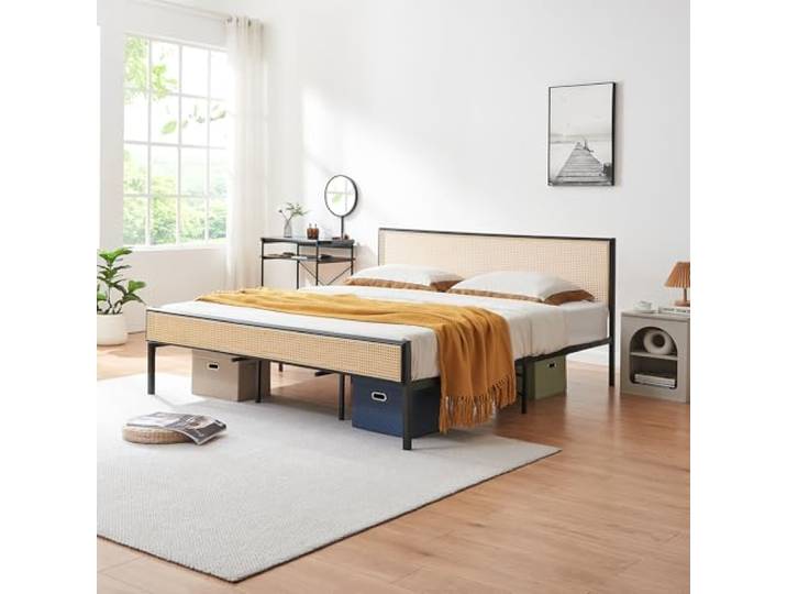 [en.casa] Bett Linköping 180 x 200 cm Bettgestell und Lattenrost Metallbett mit rechteckigem Kopfteil Doppelbett max. 300 kg Schwarz mit Rattanoptik